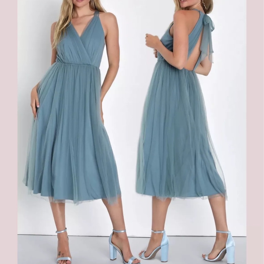 Lulu's Dusty Blue Tulle Midi Dress